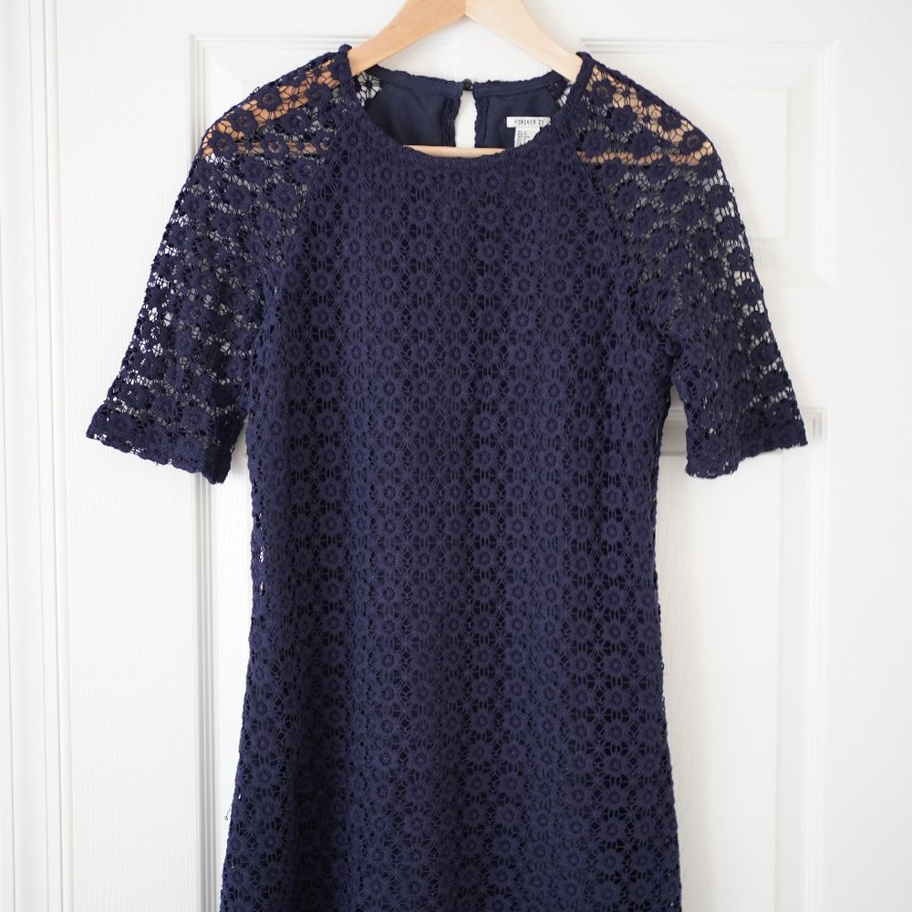 Navy Blue Lace Crochet Mini Shift Dress - Forever21, Size Small